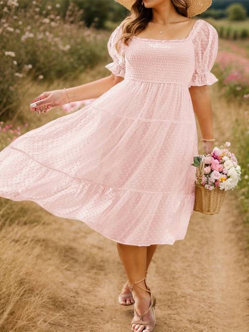 plus size womens square neck dot puff sleeve ruffle short sleeve dress