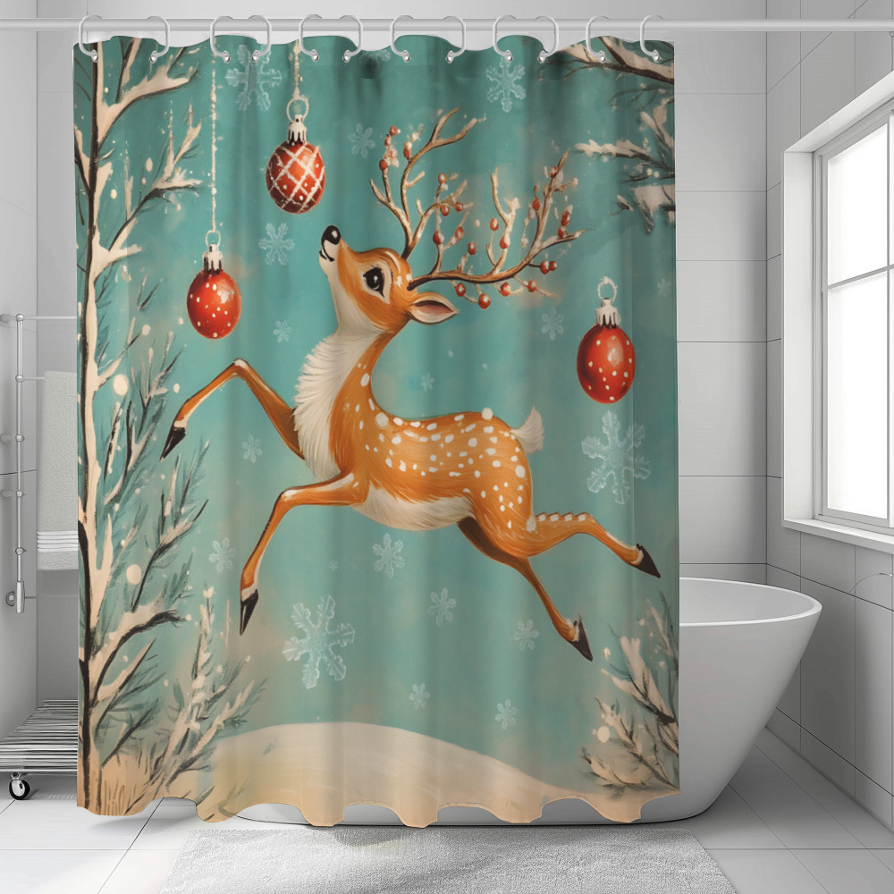 

Merry Christmas Deer Pattern Waterproof Shower Curtain - Polyester, Machine Washable, Includes 12 Hooks - Holiday Bathroom Decor, Christmas Theme, , Christmas Gift