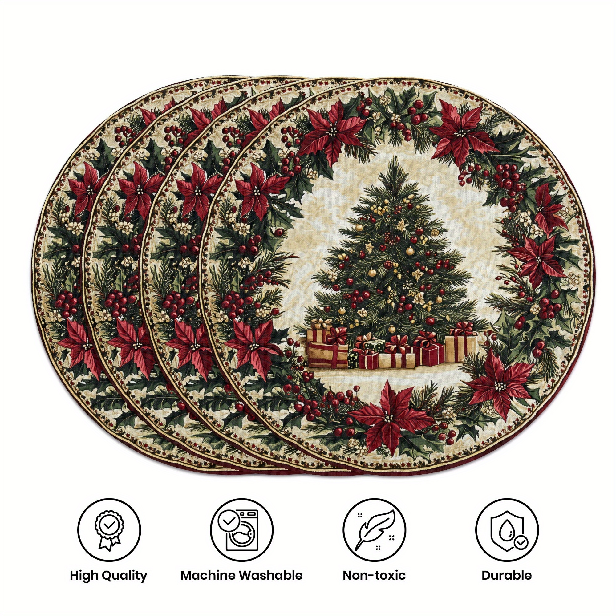 

4-piece Round Christmas Placemats Set, 15" Polyester Woven Table Mats, Hand Washable, Tree And Wreath Design For And Dining Décor