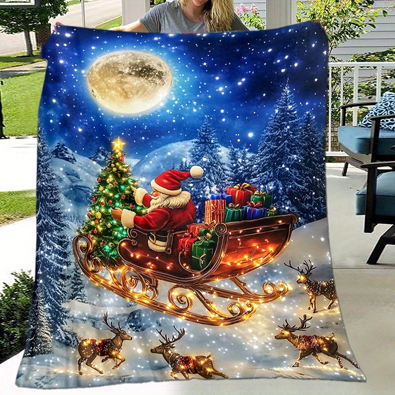 

Christmas Santa Claus Sleigh And Reindeer Flannel Throw Blanket – Cozy Polyester, Knitted, Lightweight Coverage, Holiday Design For Home Decor,