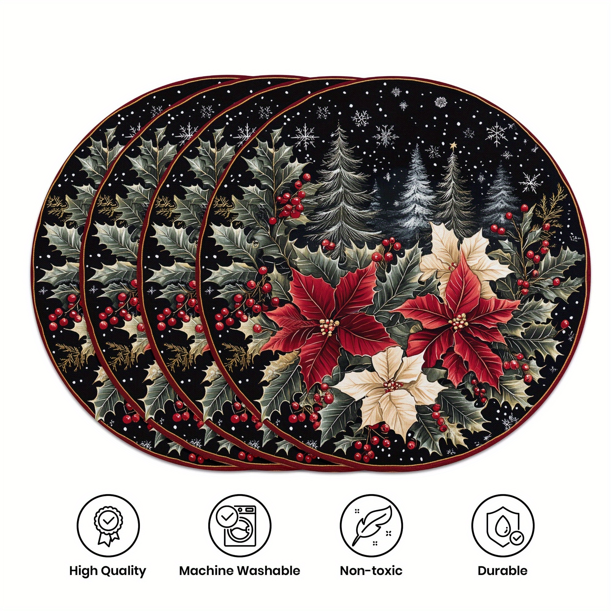 

4-piece Set 15" Round Woven Polyester Place Mats With Poinsettia And Christmas , Machine Washable Mats For Party And Dining Decor