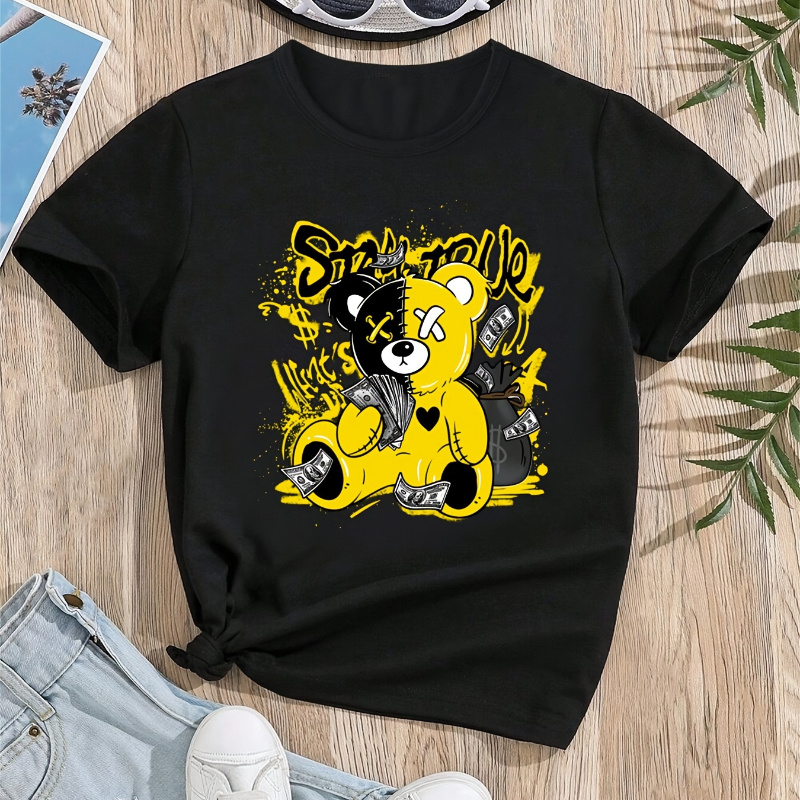 

Cartoon Bear & Heart Print T-shirt For Girls - Soft Polyester , Stretchy, Machine Washable - Casual Top