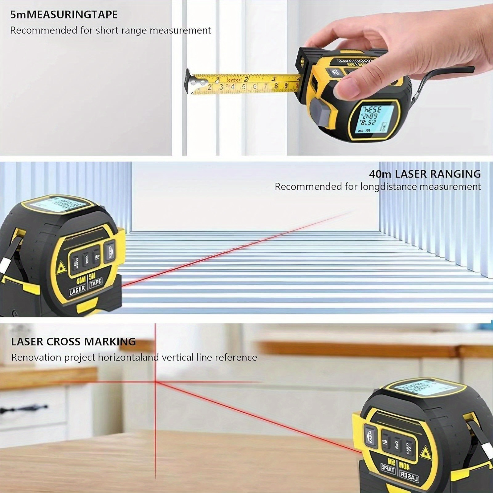  1pc 3 in 1 laser tape measure infrared distance measuring tool battery powered plastic for room floor wall door window construction projects 36v 0 4mw 1mw details 4