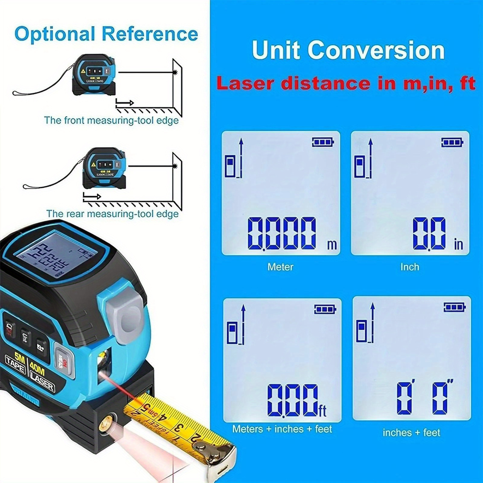  1pc 3 in 1 laser tape measure infrared distance measuring tool battery powered plastic for room floor wall door window construction projects 36v 0 4mw 1mw details 5