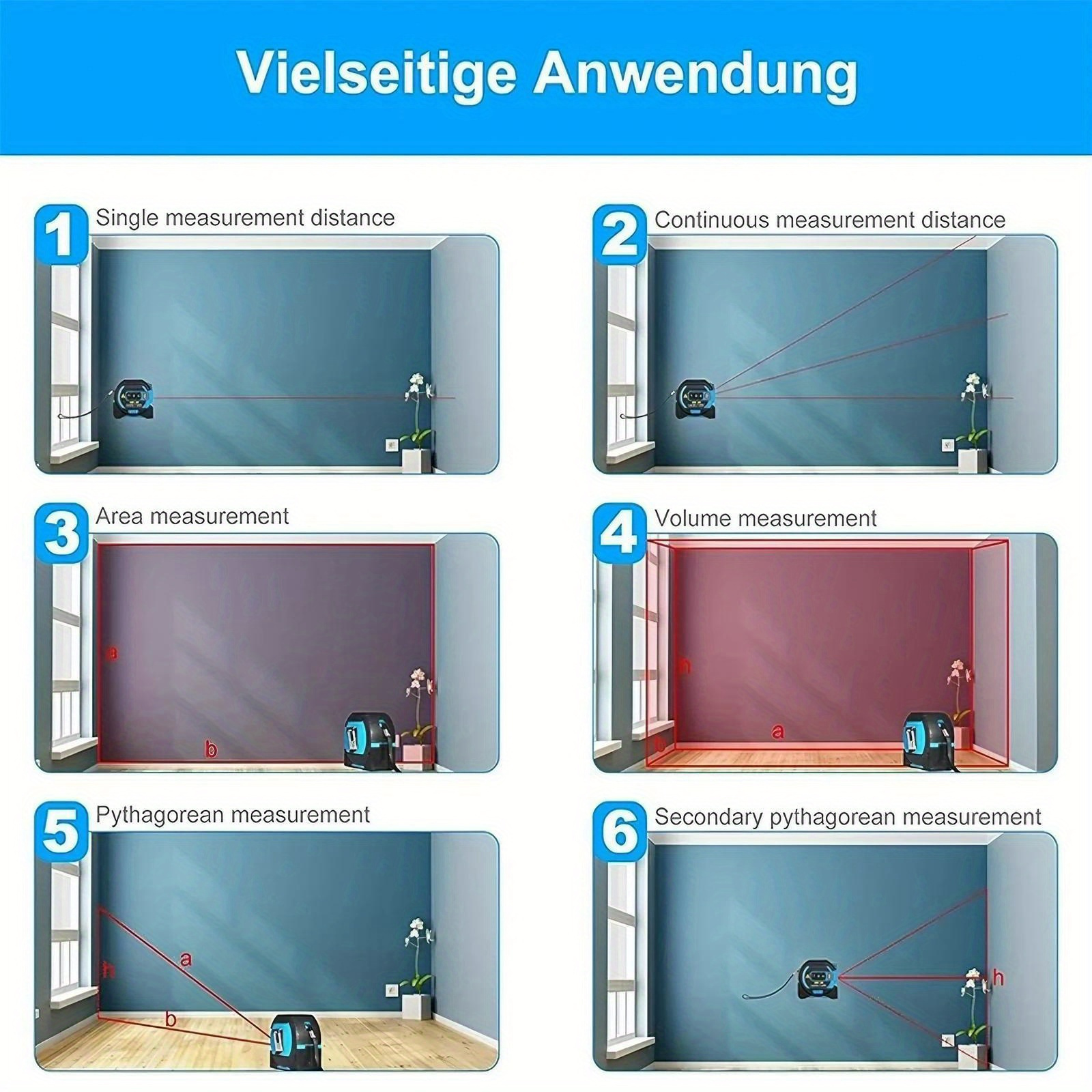  1pc 3 in 1 laser tape measure infrared distance measuring tool battery powered plastic for room floor wall door window construction projects 36v 0 4mw 1mw details 6
