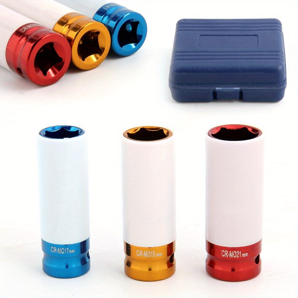 Set Of Aluminum Rim Nuts In 3 Sizes: 17, 19, And 21 Mm, Designed For Use With An Impact Wrench. This Includes Protective Inserts For Changing Wheel Bolts