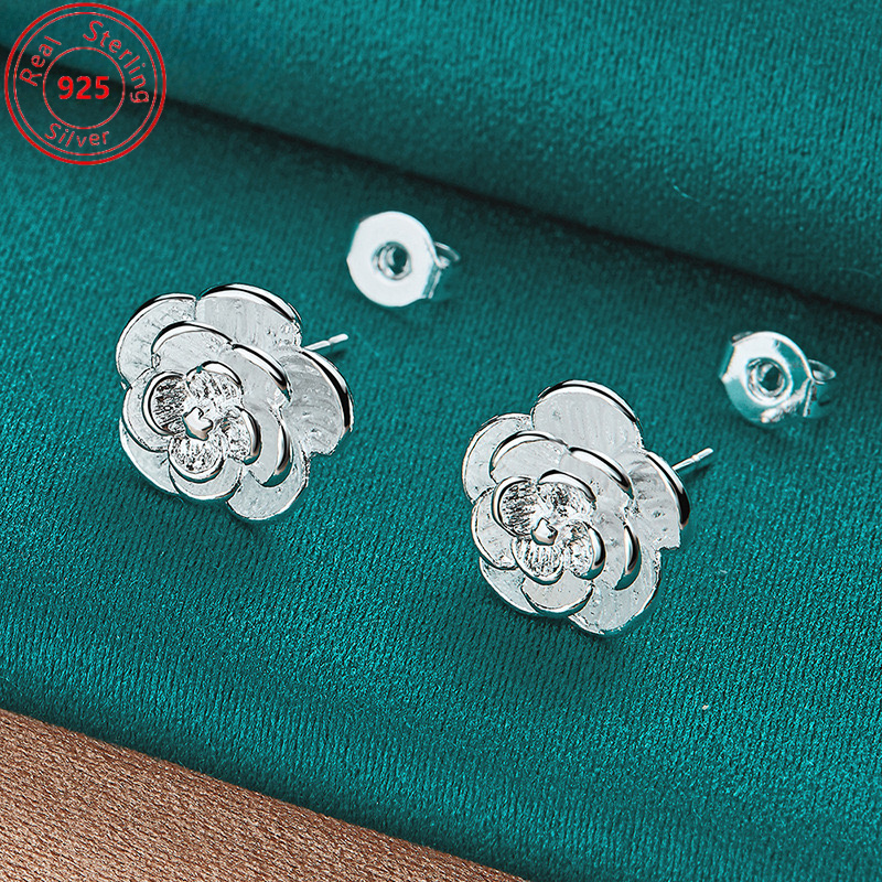 

1 Pair Of S925 Sterling Silvery Rose Stud Earrings - Hypoallergenic - Elegant Temperament Casual Attire Jewelry Gifts For Ladies