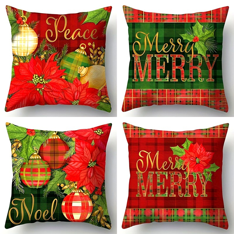 

Set Of 4 Christmas - 17.5" X 17.5", Red & , Zippered Polyester For Decor (inserts Not Included)