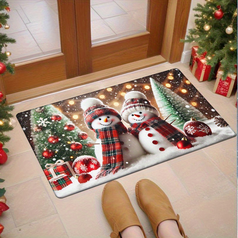 

Christmas Snowman And Tree Doormat - Machine Washable, Non-slip, Medium Pile Polyester Rectangle Entrance Rug For Kitchen, Living Room, Bedroom, Laundry Room, Bathroom - Comfortable Floor Mat For All