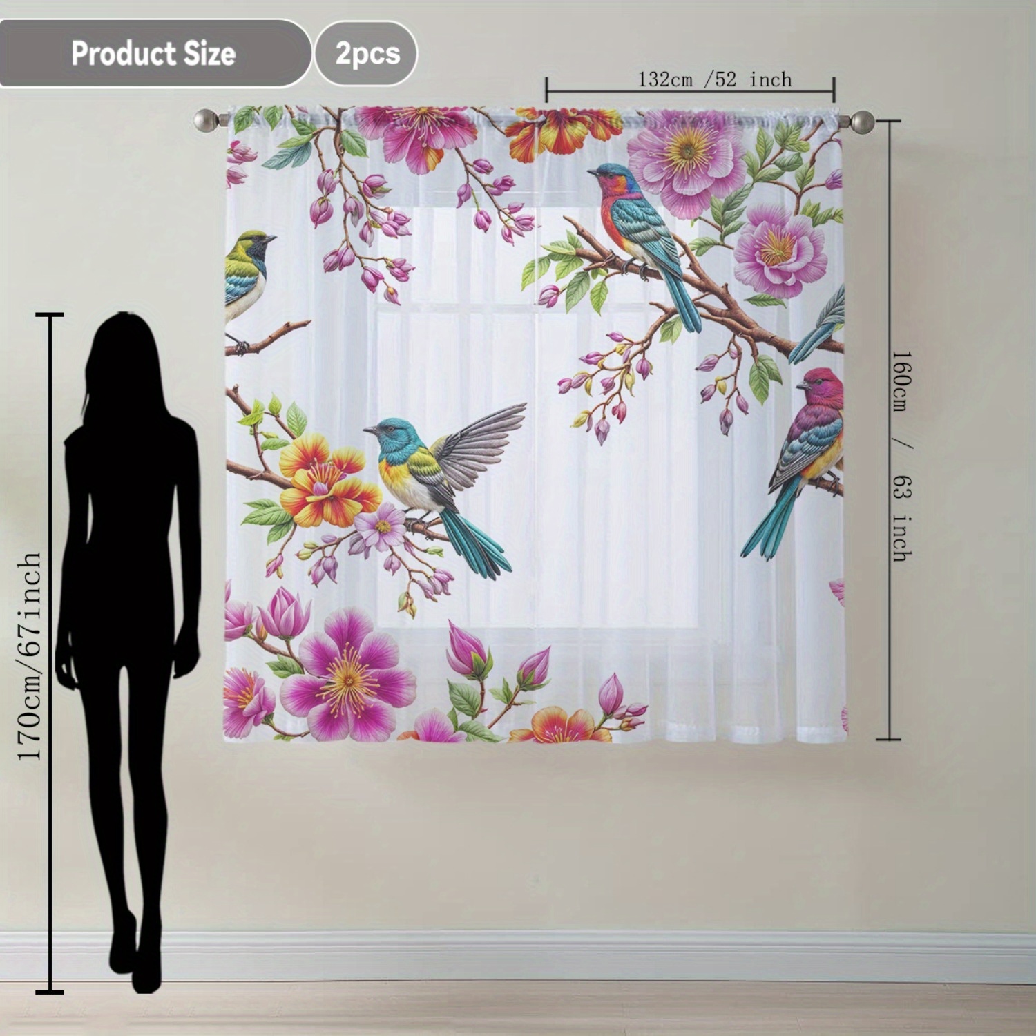 TEMU 2pcs Home Decoration Screen Curtain, Bird Floating On The Treetops, Window Screen Curtain Suitable For Kitchen, Coffee Shop, Living Room, Dining