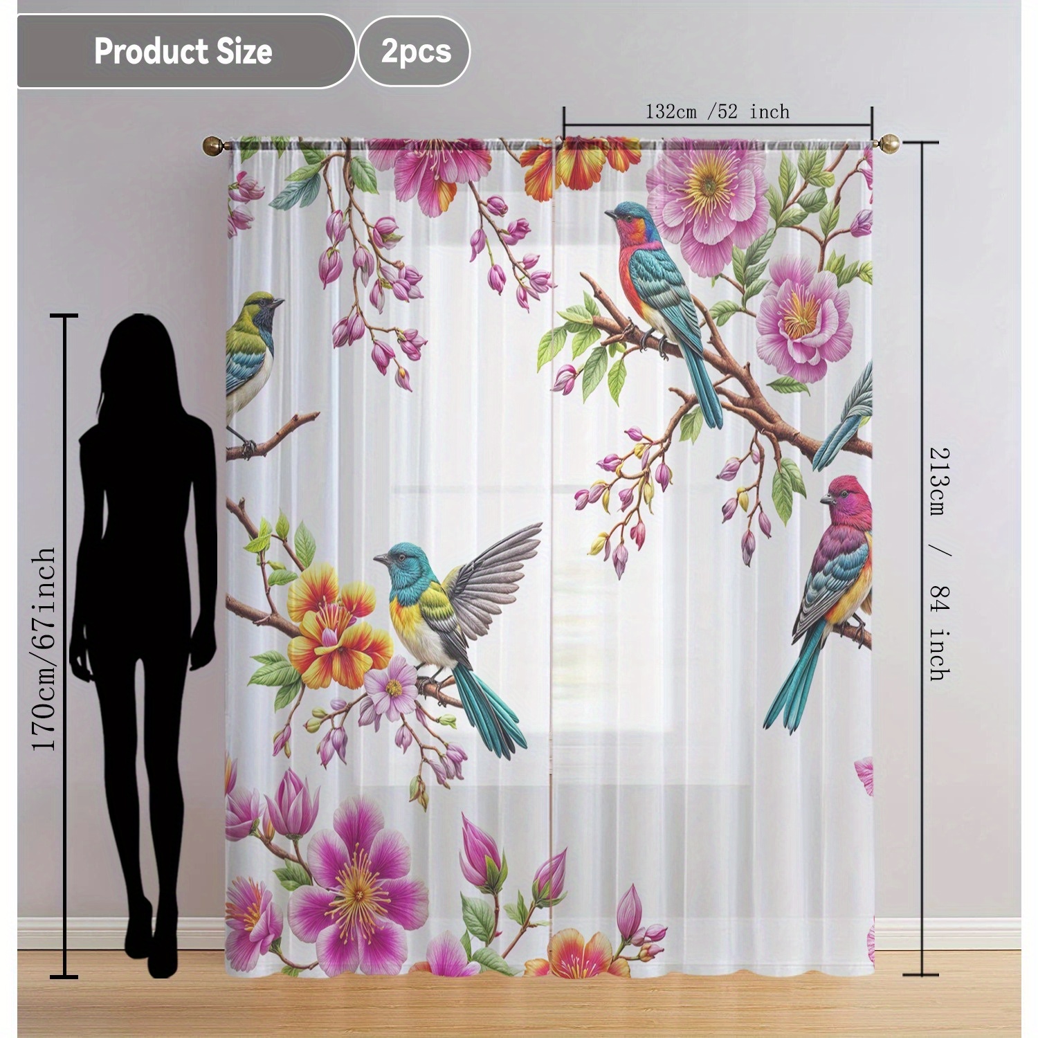 TEMU 2pcs Home Decoration Screen Curtain, Bird Floating On The Treetops, Window Screen Curtain Suitable For Kitchen, Coffee Shop, Living Room, Dining