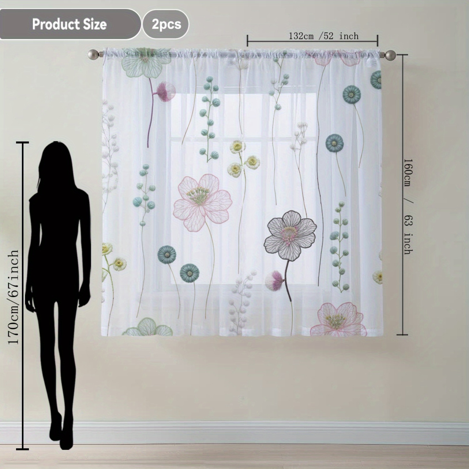 TEMU 2pcs Home Decoration Curtain Floating Light Colored Flowers Floating Window Curtain Suitable For Kitchen, Coffee Shop, Living Room, Dining Room,