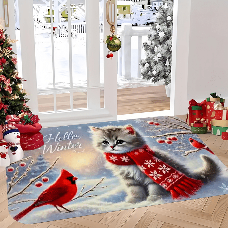 

Christmas Welcome Doormat - 1pc Polyester Flannel Non-slip, Water-resistant Entry Rug With Cat And , Stain Resistant For Home Decor, Machine Washable, Low Pile, Rectangle Mat For Indoor Use