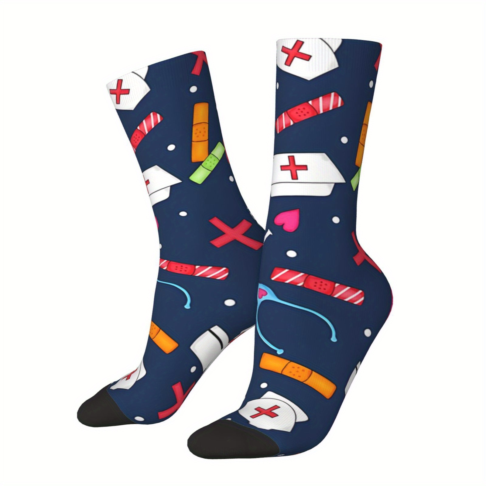 

1 Pair Unisex Nurse Love Print Socks, Polyester Knit Fabric, Seamless Crew Socks With Random , Hip Hop Vintage Style, 5% Elastane, Hand Washable, Funny Novelty Gift For Men And Women