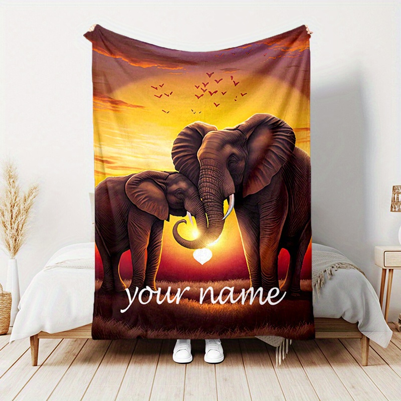 

Personalized Elephant Sunset Flannel Throw Blanket With Custom Name - Soft, Warm Knitted Polyester, Vintage Print, Cozy Blanket For Sofa, Chair, Bed, - Unique Gift Idea