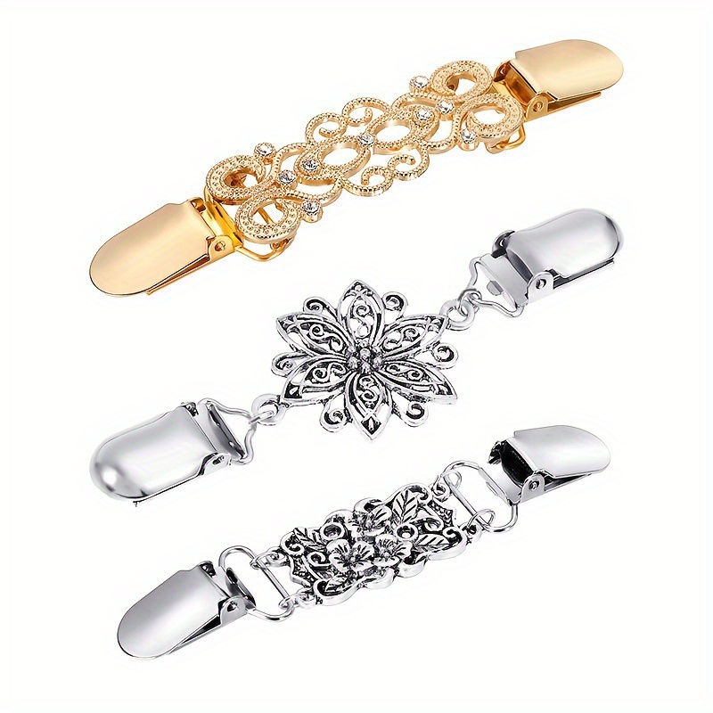 Image of 3-pcs Vintage Sweater Shawl Clips Set, Elegant Cardigan Collar And Dress Brooches For Women, Clothing Buttons