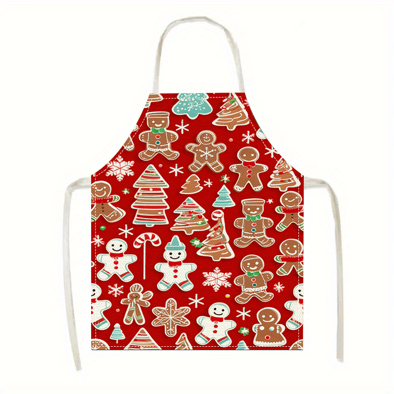 

1pc, Christmas Linen Apron, Decor With Gingerbread For Man, Snowman, Candy Cane Print, Bib For Family