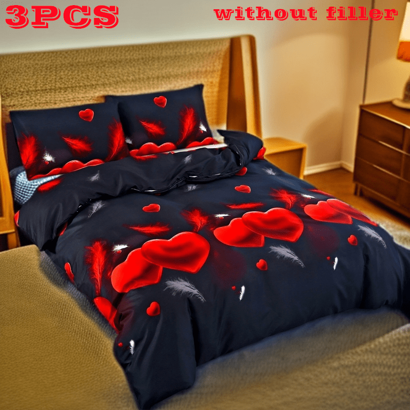 

3pcs Love Heart Print Bedding Set, Dark Base With & Feathers, Polyester Duvet Cover & Pillowcases, Breathable, No Filler, Zipper Closure, Machine Washable, 80-85g Fabric, For Bedroom &