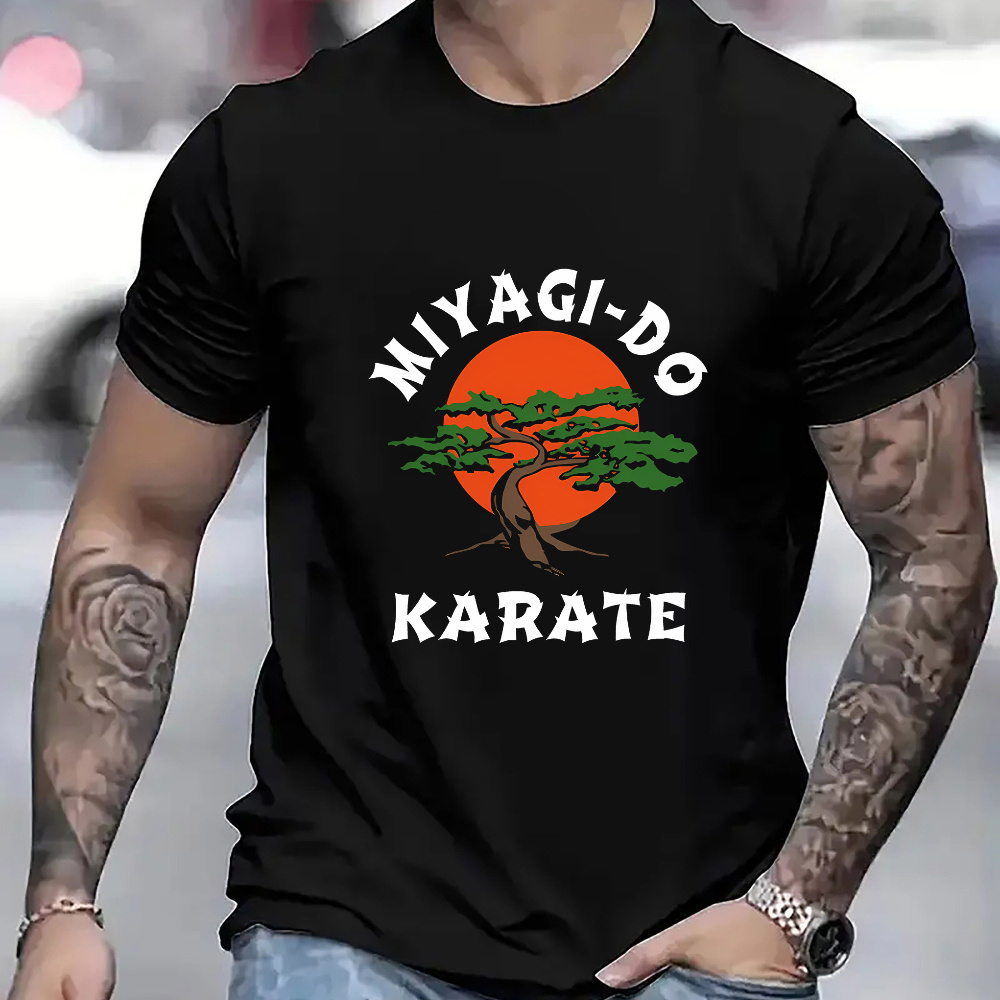 

Men' Casual T-shirt, Miyagi-do Karate Print, Round Neck Short Sleeve Tee, Summer Comfortable Top For Camping, Polyester Knit Fabric, Regular Fit, Adult Style