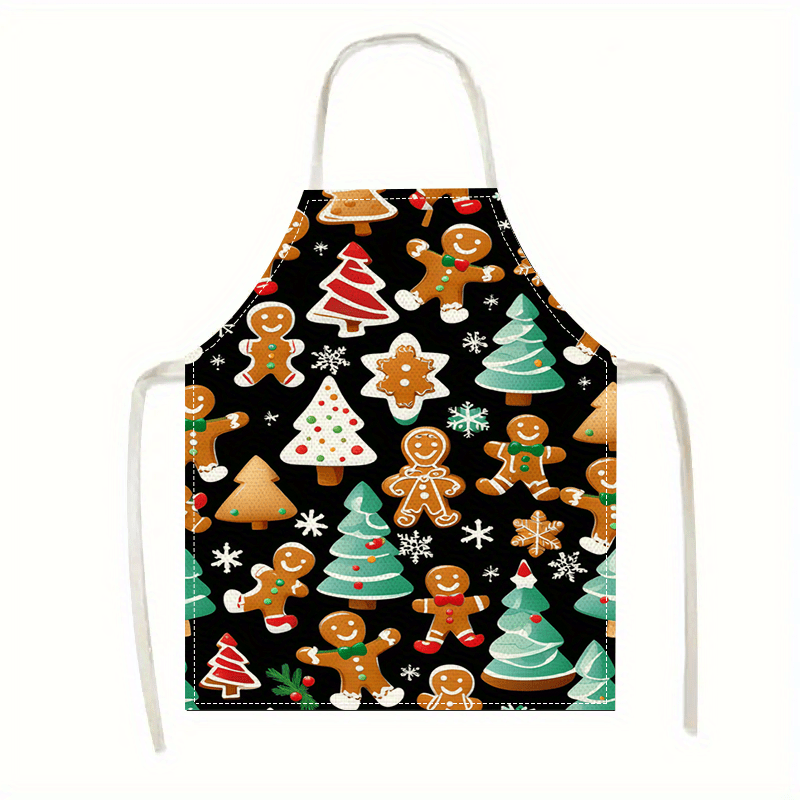 

Christmas Holiday Linen Apron - 1pc Woven Gingerbread Man, Christmas Tree, Snowflakes Printed Kitchen Apron - , Absorbent, Fun Accessory