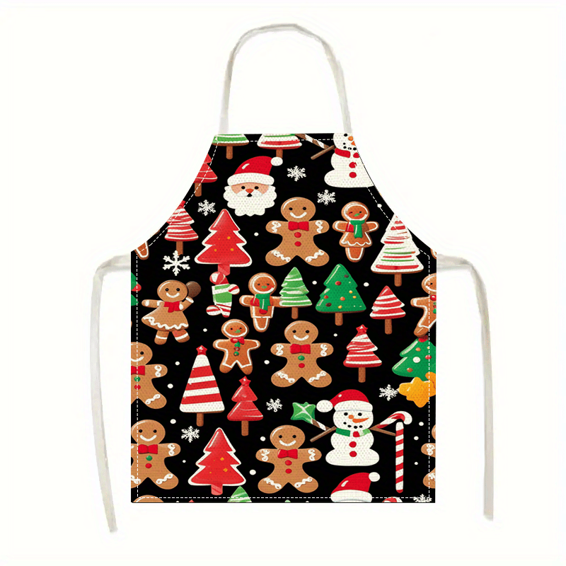 

1-piece Christmas Apron With Tree, Gingerbread, Candy Cane, And Snowman Print | 100% Linen Woven Kitchen Apron | Sleeveless Apron With Design | Linen Apron For Holiday Decor & Home Accessories