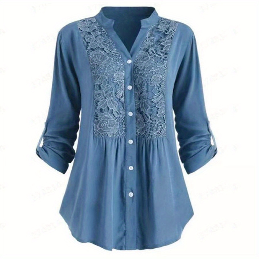 

Women's Plus Size Lace V-neck Tunic Top - Long Sleeve Button- Blouse With Floral Lace Detailing, Black Casual Fall Streetwear, Machine Washable Polyester