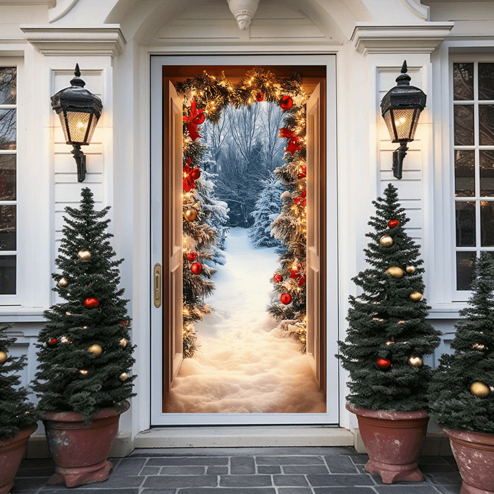 

Snowy Christmas Landscape Door Flag - Polyester Entryway Banner, No-electricity Decoration, Indoor & Outdoor Winter Scene Door Cover, Holiday Decor Accessory Without Batteries