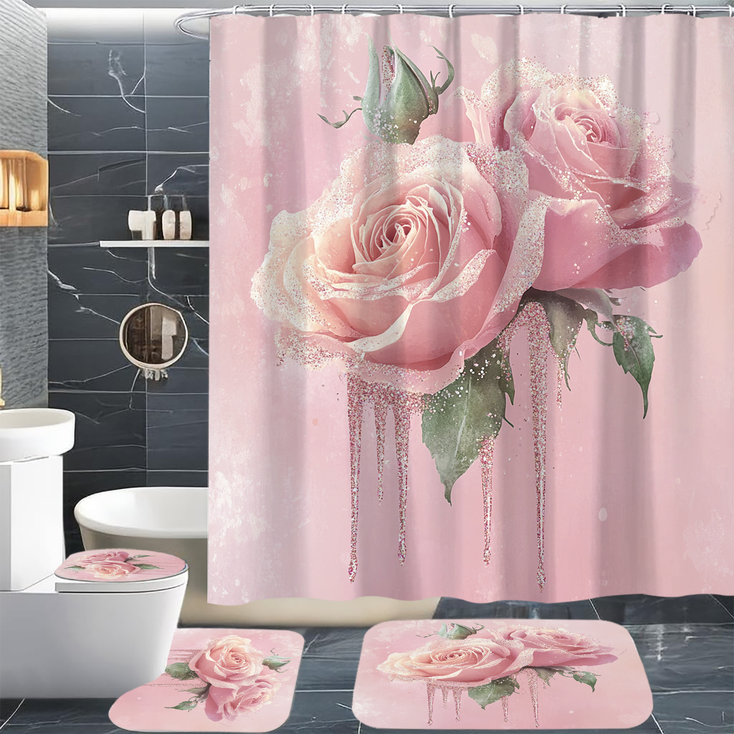 

Pink Rose Water-resistant Bathroom Set With 12 Hooks - Arts Themed Polyester Non-woven Washable Bath Ensemble, Includes 1pc/4pc Bath Accessories Set