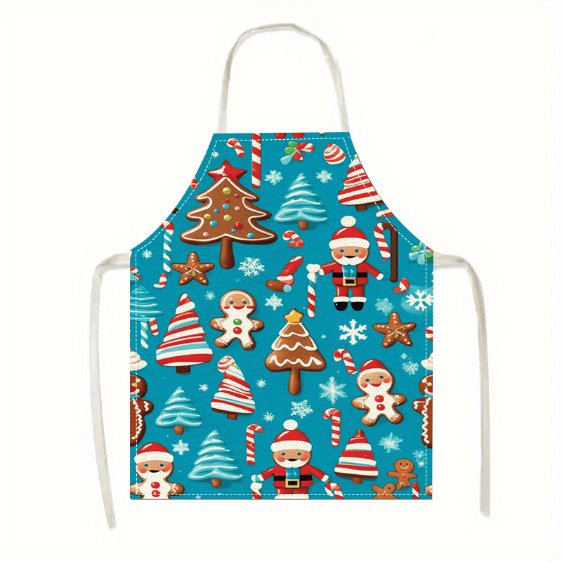 

Christmas Themed Linen Apron - 1pc Home Decor With Gingerbread, , Candy Cane & Santa Patterns, Woven Apron For Kitchen Cooking, No-sleeve Dirt-resistant Apron With Print