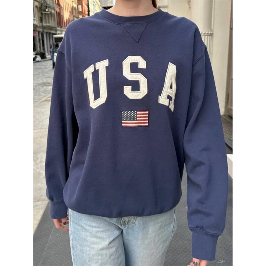 

1pc Women's Casual Cotton Crew Neck Sweatshirt With Usa Flag And Letter Print, Long Sleeve Knit Fabric Pullover For Spring/fall