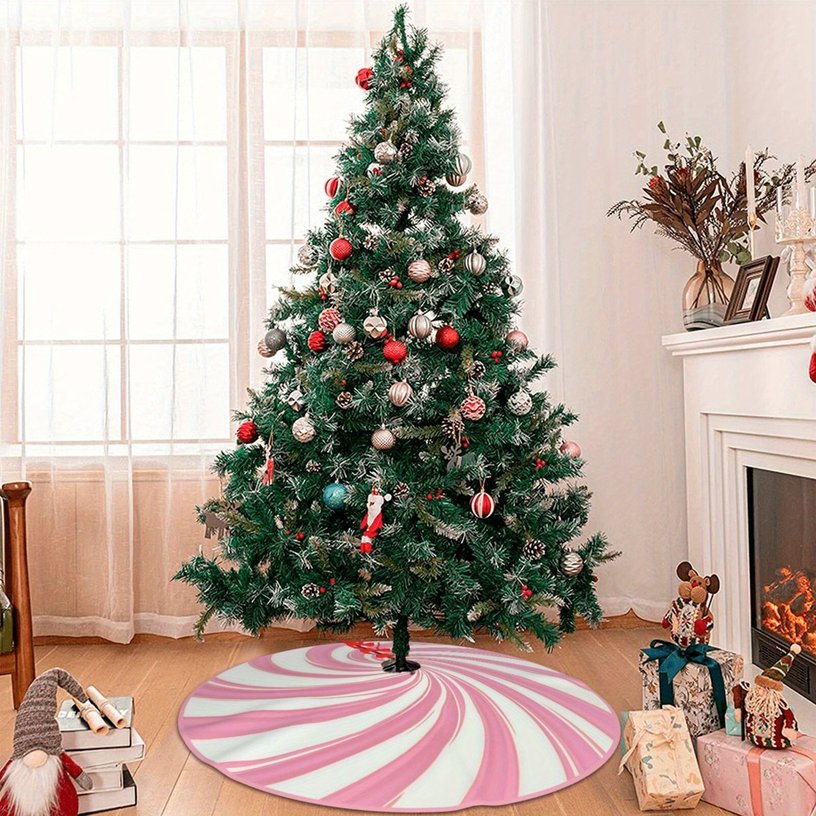 

Jupe de Sapin de Noël & Blanc à Motif de Bonbons - Polyester , Installation Facile avec 3 Nœuds, Parfaite pour la Décoration de & des Fêtes, Décorations de Fête de Noël