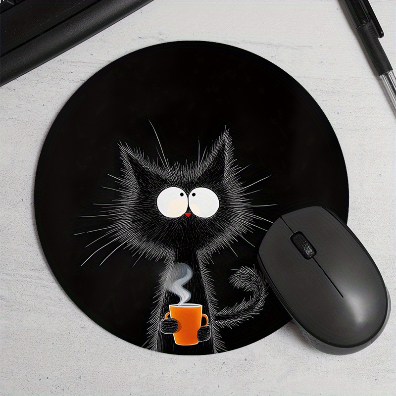 

Black Cat Print Round Mouse Pad - Waterproof, Non-slip Rubber Base, Comfortable & Desk Mat For Gamers And Office Use, Unique Cartoon Design, Perfect Gift Idea