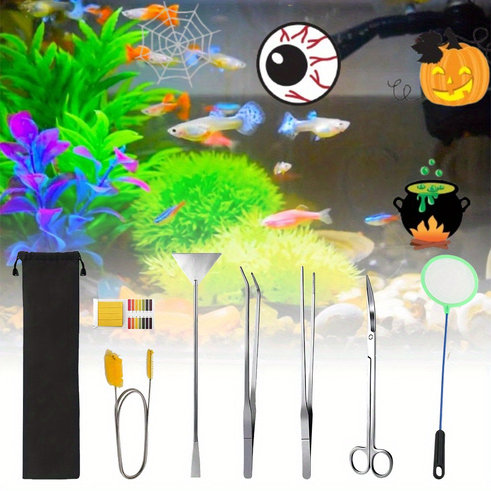 7-piece Aquarium Environment Tools With 15-inch Rust-proof Metal Tools Fine Tweezers Wide Net Bag Ph Test Paper Set Waterproof Storage Bag Rust-proof And Durable Suitable For Daily Maintenance Of