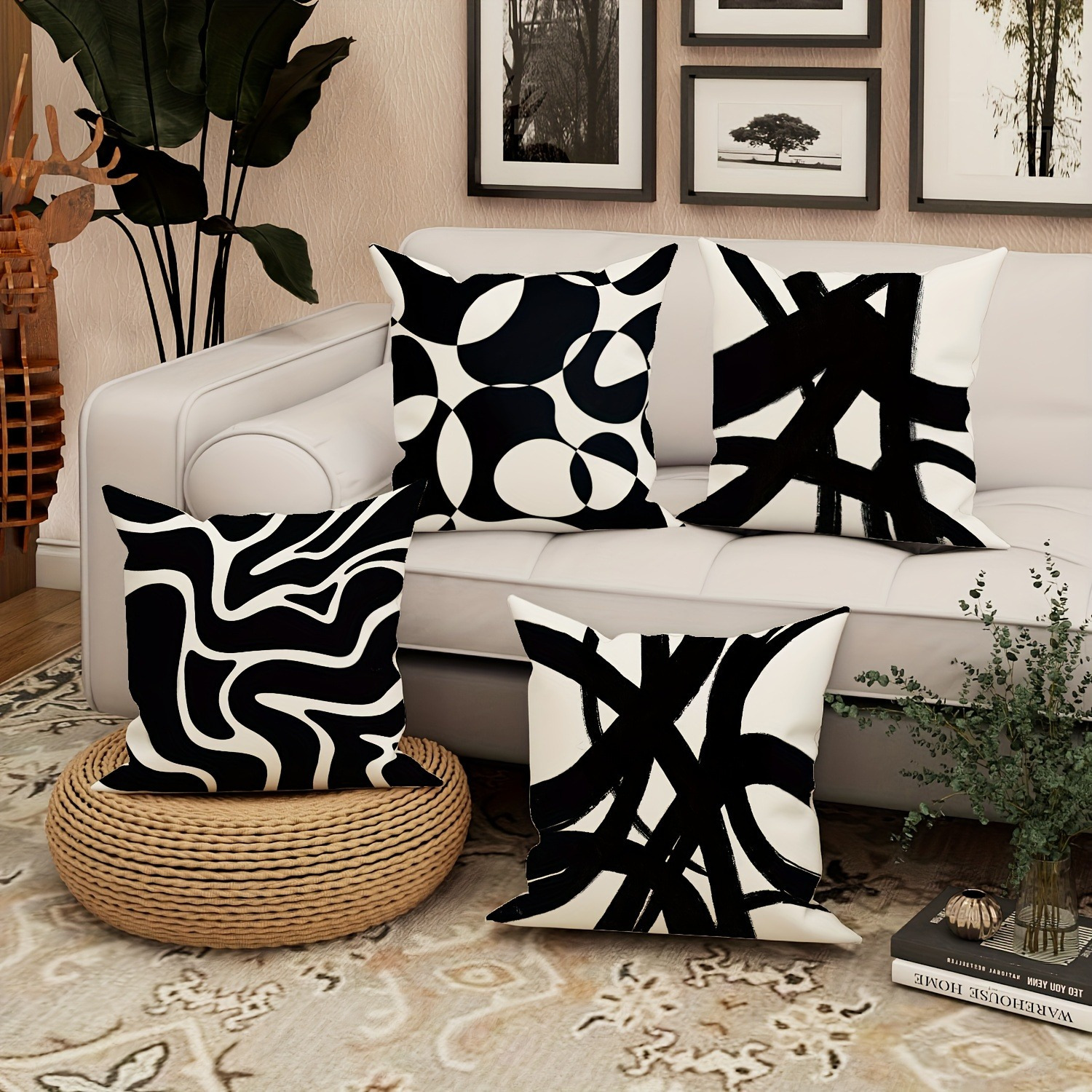 

Ensemble de 4 Housses de Coussin Abstraites Noires et Blanches, 18"x18", Polyester, Fermeture Éclair - pour la Décoration de Salon et de Chambre