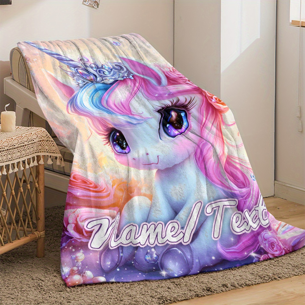 TEMU 1pc Of Personalized Unicorn Print Portable Blanket - Lightweight Flannel Throw Suitable For Sofa, Bed, Travel, Camping, Living Room, Office,
