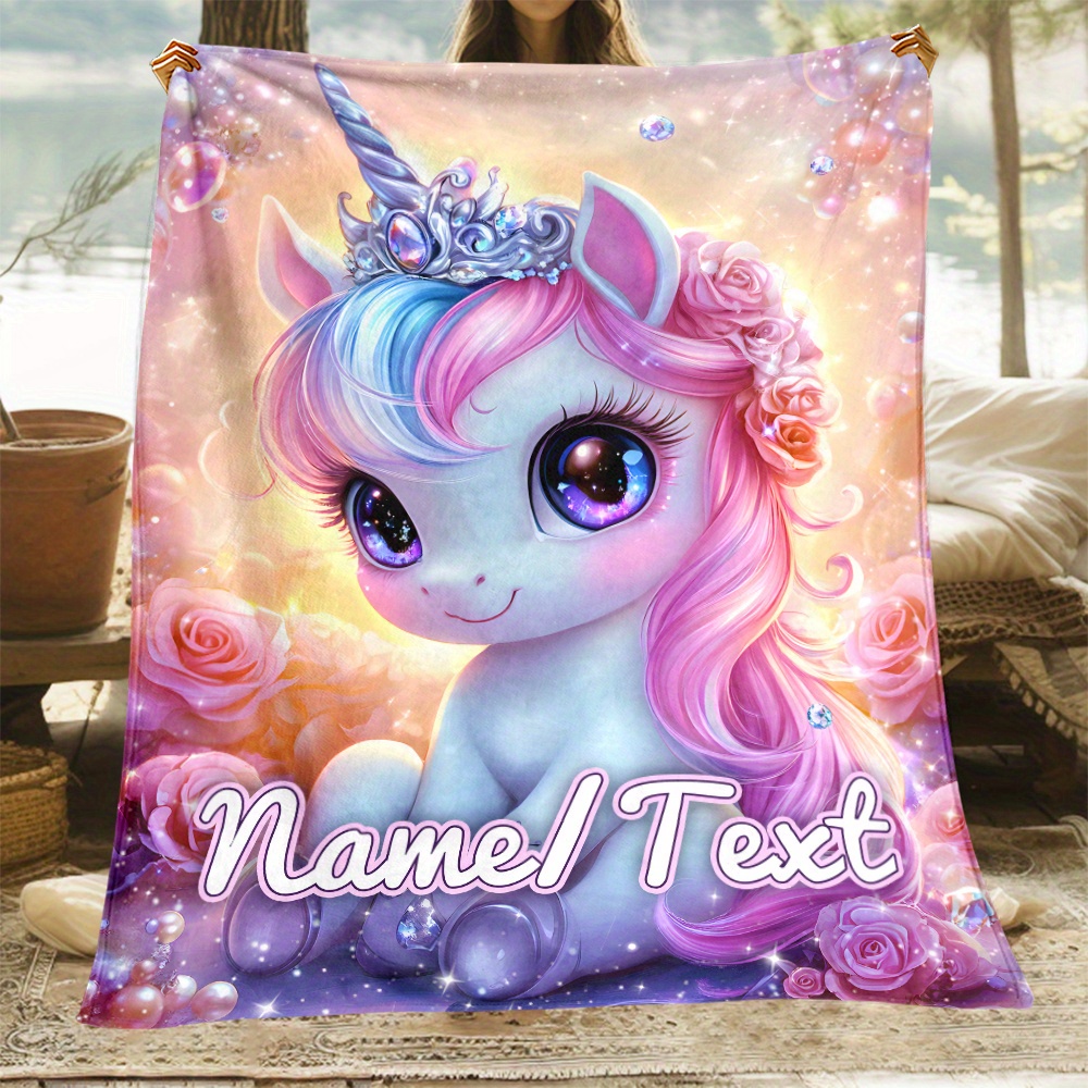 TEMU 1pc Of Personalized Unicorn Print Portable Blanket - Lightweight Flannel Throw Suitable For Sofa, Bed, Travel, Camping, Living Room, Office,