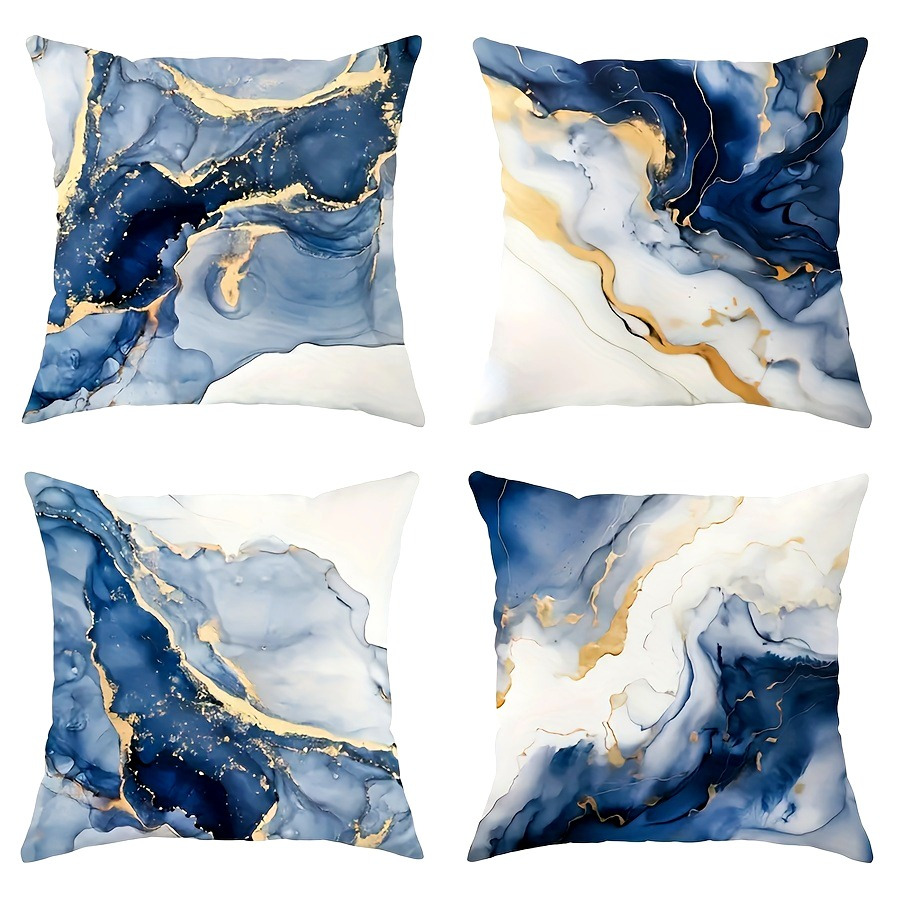 

Set Of 4 Marble-inspired Throw Pillow Covers With Zipper - Machine Washable, Abstract Blue & Golden Watercolor Design, Soft Polyester Fabric, Living Room Decor, 17.72" Square Decorative Pillows