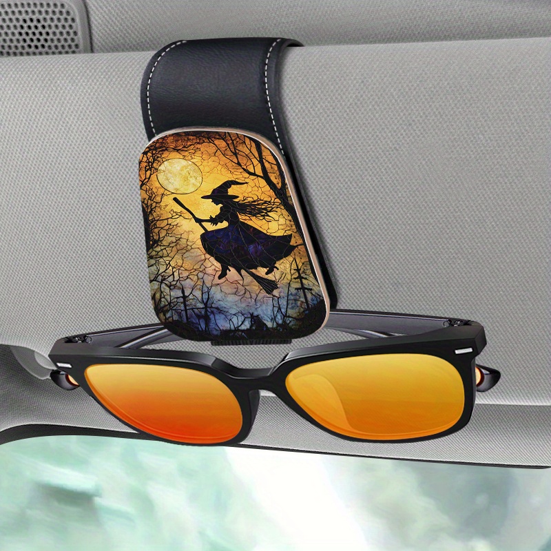 TEMU 2d Flat Printing 1pc Flying Witch Creative Printed Car Sunshade Glasses Holder Clip, Magnetic Pu Glasses Hook, Car Ticket Card Holder Glasses