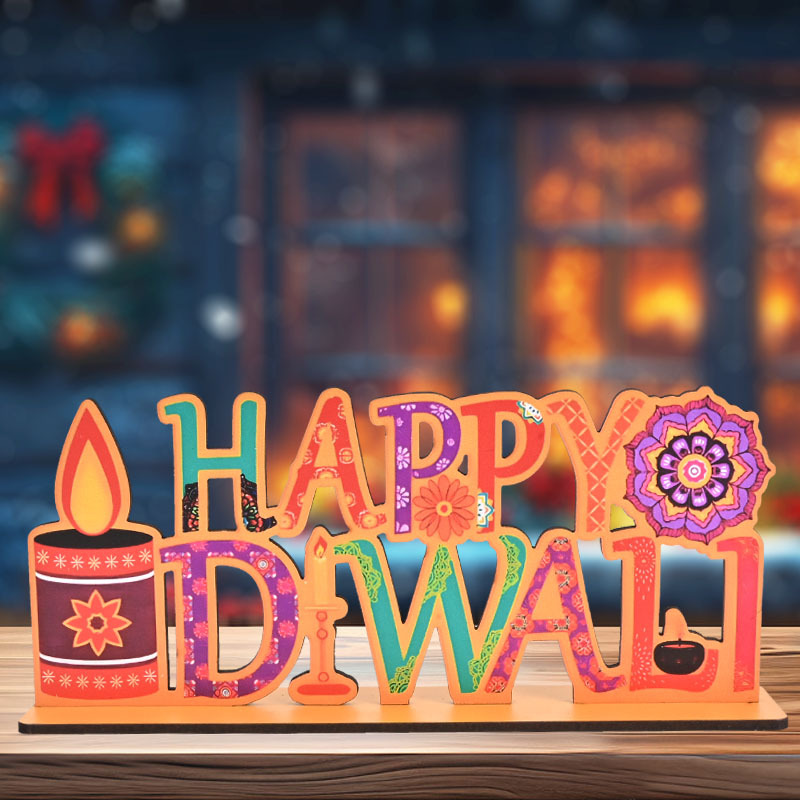 

Happy Diwali Wooden Sign Decor - Candle & Flower Motif - Elegant Decoration For Living Room, Bedroom, Desktop, And Bookshelf - Perfect Diwali Holiday Gift