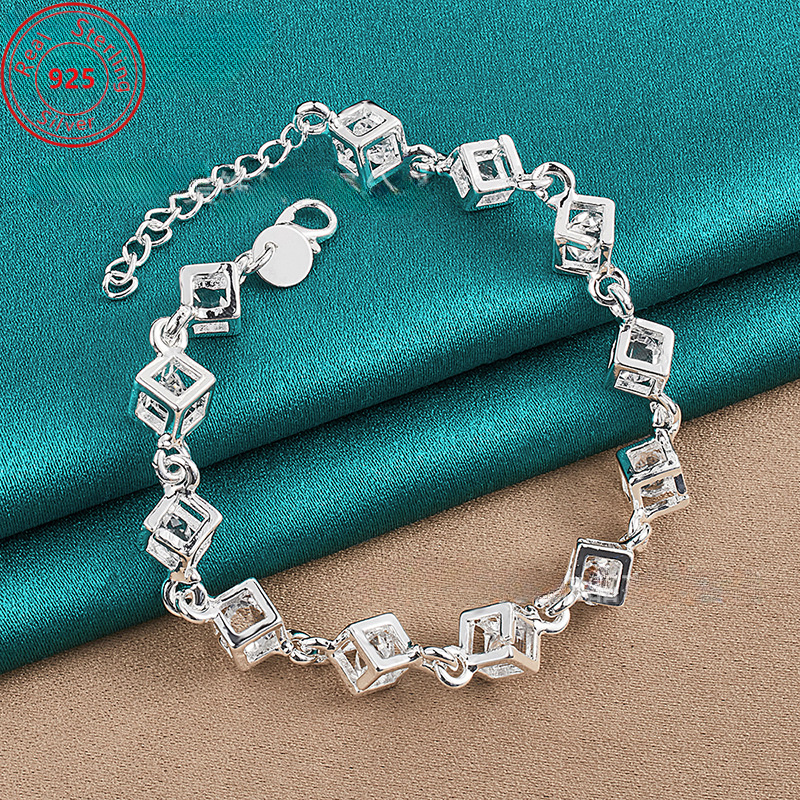 

S925 Sterling Silver Geometric Bracelet - Square Check Bracelet - Sparkling Synthetic Zircon And Stylish Elegant - Wear And Party - Ladies Trend Jewelry Gift