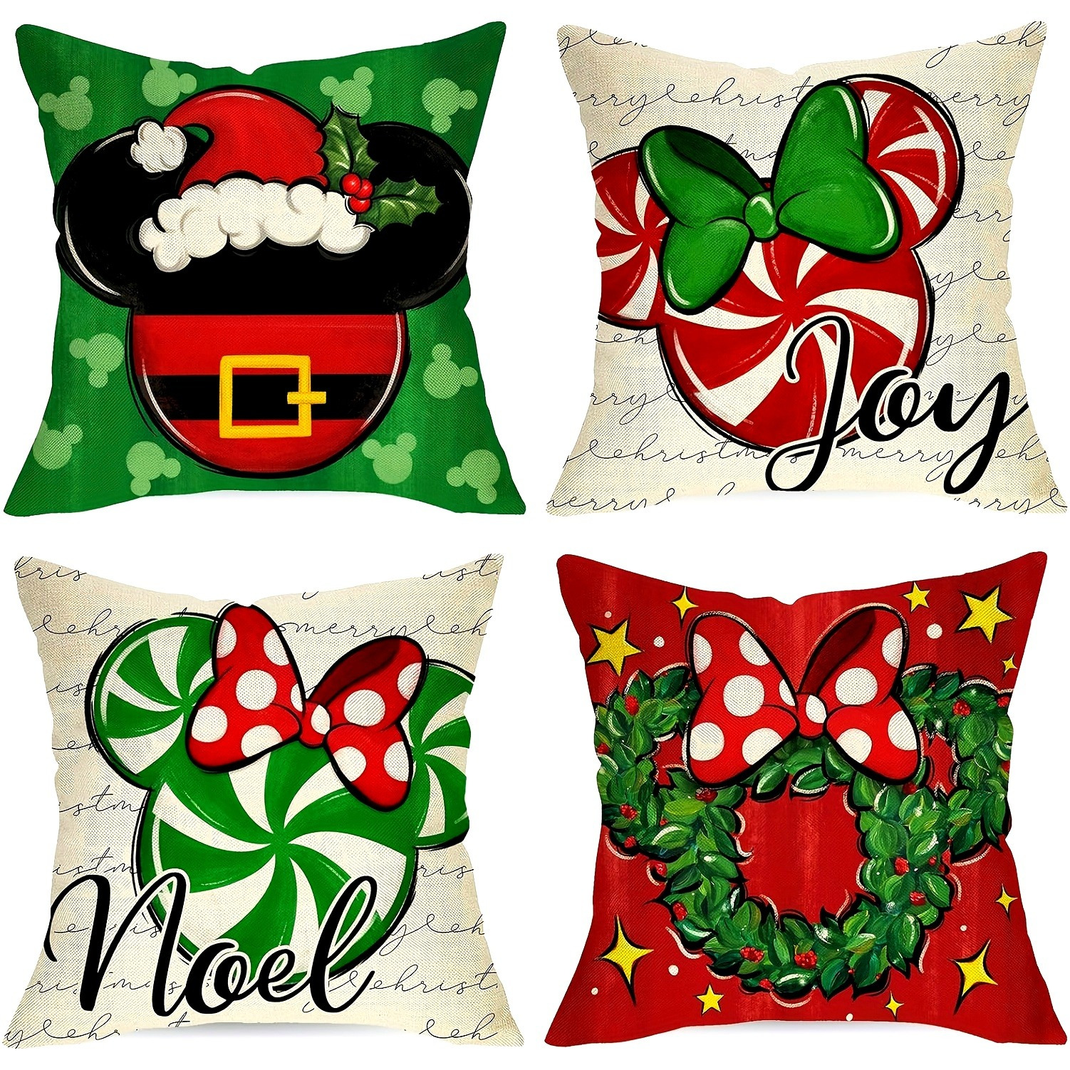 

Vintage Style Christmas Mouse Throw Pillow Covers - 4 Pack, 18x18 Inches, Geometric Pattern, Polyester, Zipper Closure, Machine Washable, Woven, Decorative Cushion Covers For Living Room