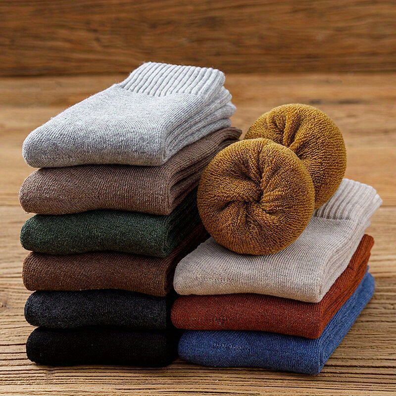 

5-pack Men's Winter Knit Socks, 100% Cotton, Machine Washable, Solid Color, Mid-calf Height, Extra Warm Woven Fabric