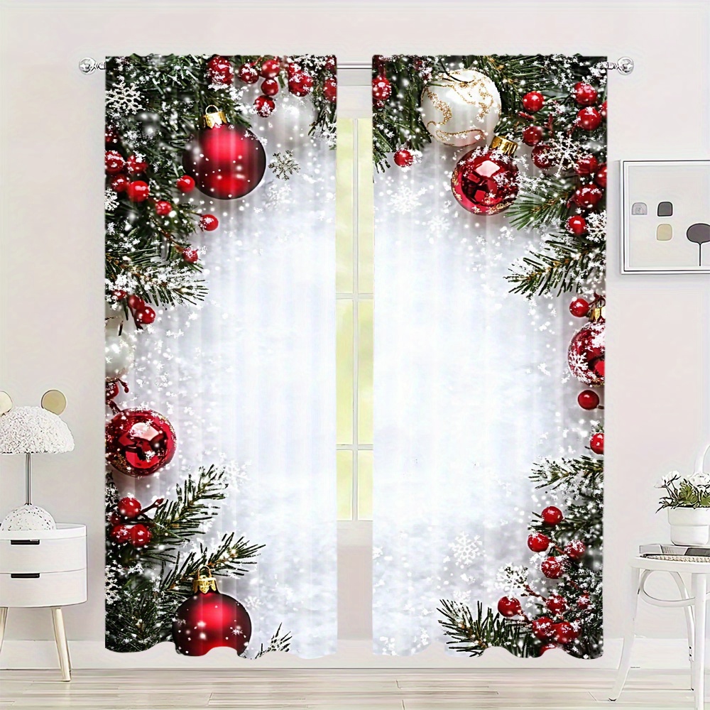 

2pcs Set Red Ball Christmas Curtains - Soft Polyester, Digital Printed With Rod Pocket Room & Office Decor (rod Not Included)