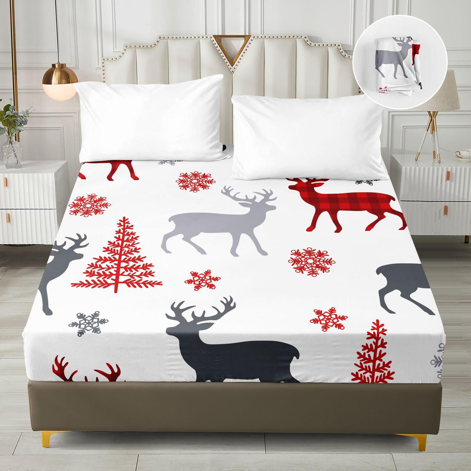 

Christmas Reindeer And Printed Fitted Sheet - Soft Sanded Polyester Fabric, , 85gsm - 8 Sizes - Machine Washable, Deep Pocket 30-34cm - Home Bedding