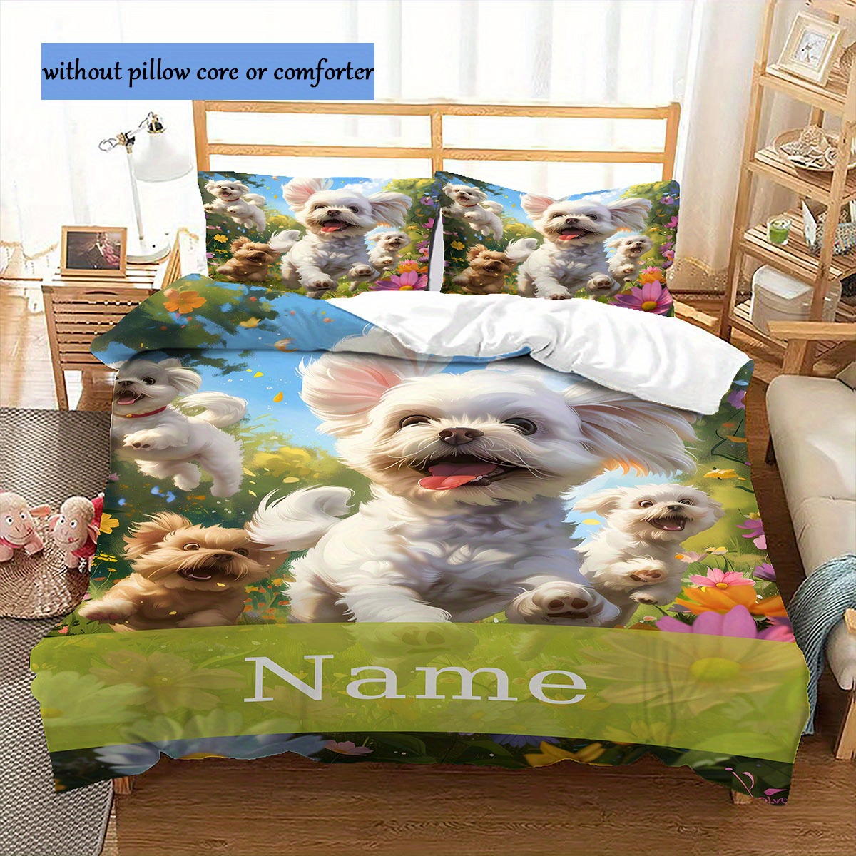 

Customizable White Puppy & Floral Field Print 3pcs Bedding Set - Includes 1 Duvet Cover & 2 Pillowcases, Fade-resistant Polyester, Zip Closure, , Machine Washable (no ), Bedding Accessories