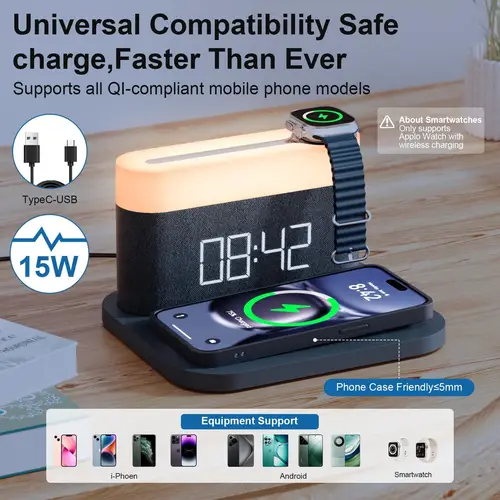 alarm clock with multi function mobile phone watch wireless charging 15w bedside lamp 3 colors nightlight sleep timer for bedroom bedside desk