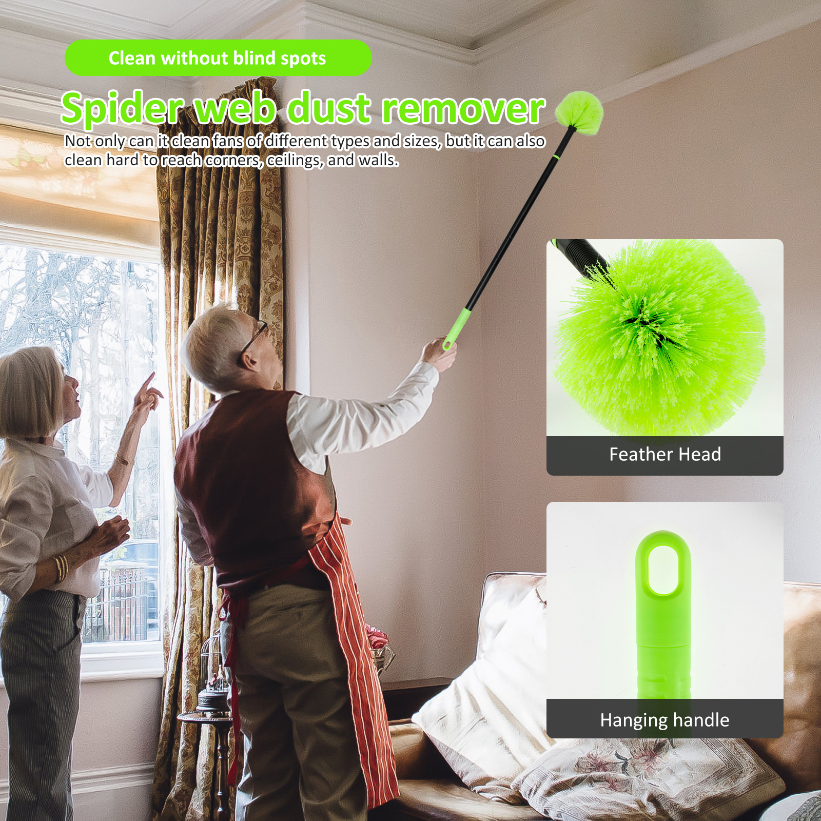 extendable feather duster with telescopic pole multipurpose dust cleaner non electric spider web removal brush for ceilings corners furniture indoor outdoor use long reach cleaning kit details 2