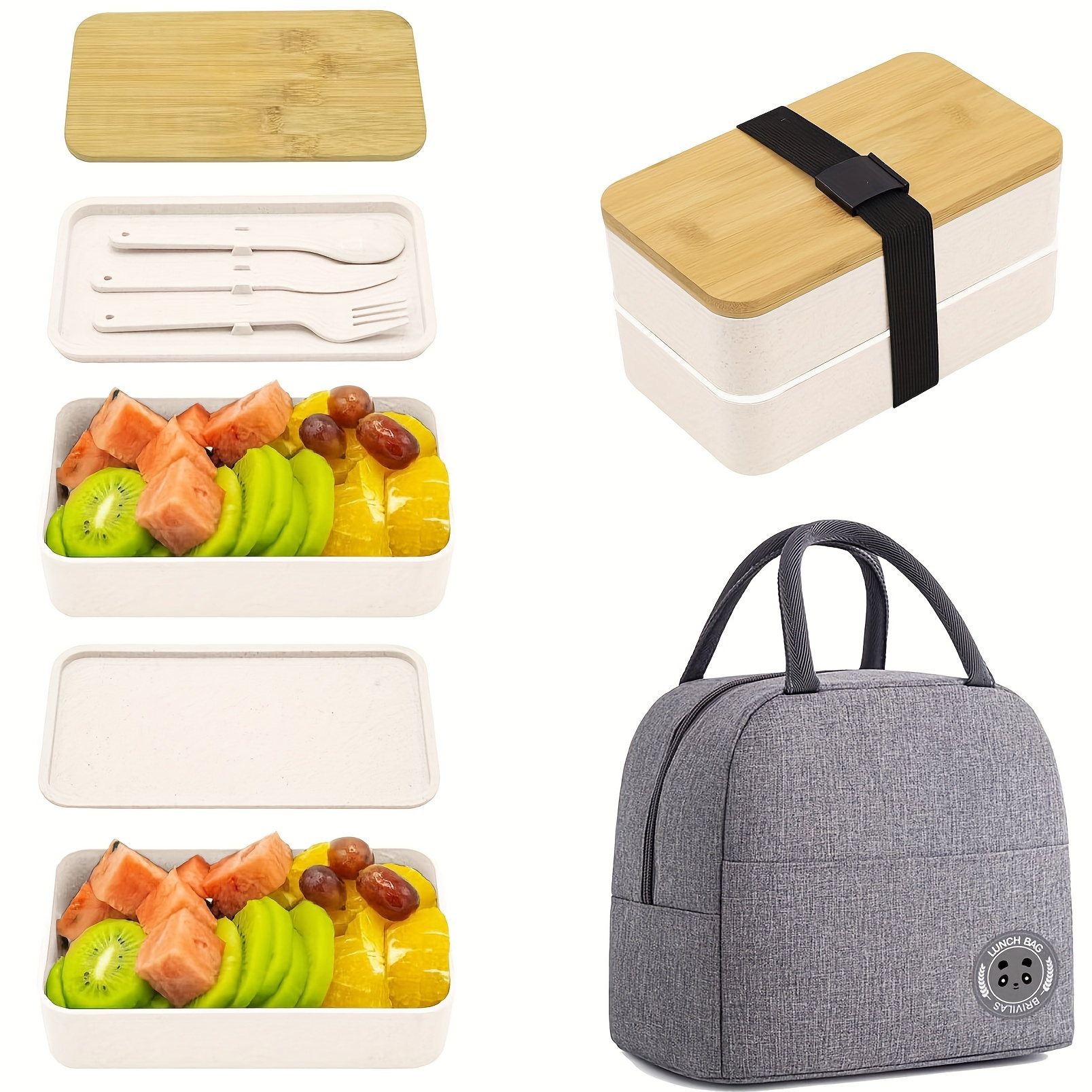 

Bento With Thermal Bag Lunch Box Suit, Microwave Safe, Leak-proof Plastic Lunch Box With Bamboo Cover, Adjustable And Tableware, Suitable For Work, Picnic-1pc Suit Christmas Gift Packaging