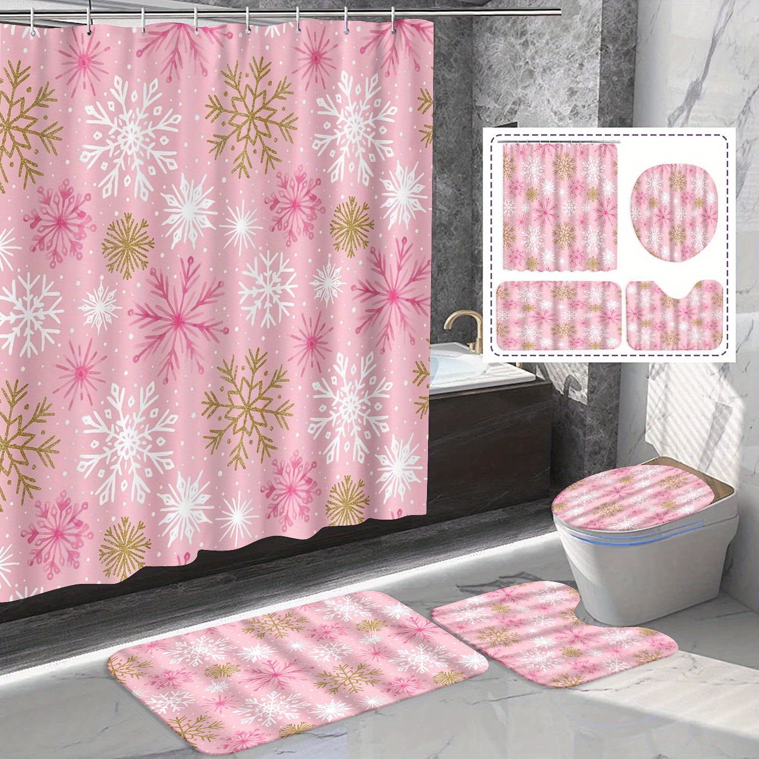 

/4pcs Christmas Golden Pink Shower Curtain Set, Pink Christmas Decoration, Bath Mat Carpet, Shape Mat Toilet Cover, Waterproof Shower Curtain, 71x71 Inches, Bathroom Home Decoration