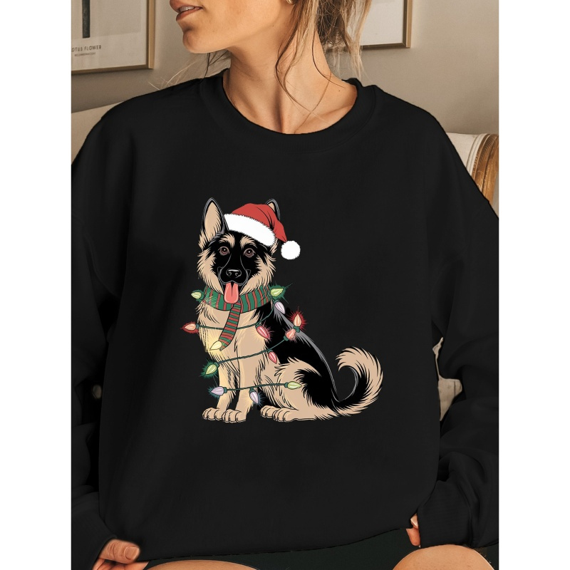 

Women's German Shepherd Holiday Sweatshirt - Polyester Knit Crew Neck Pullover With Christmas Dog - Casual Geometric Pattern Long Sleeve Top For Fall/winter